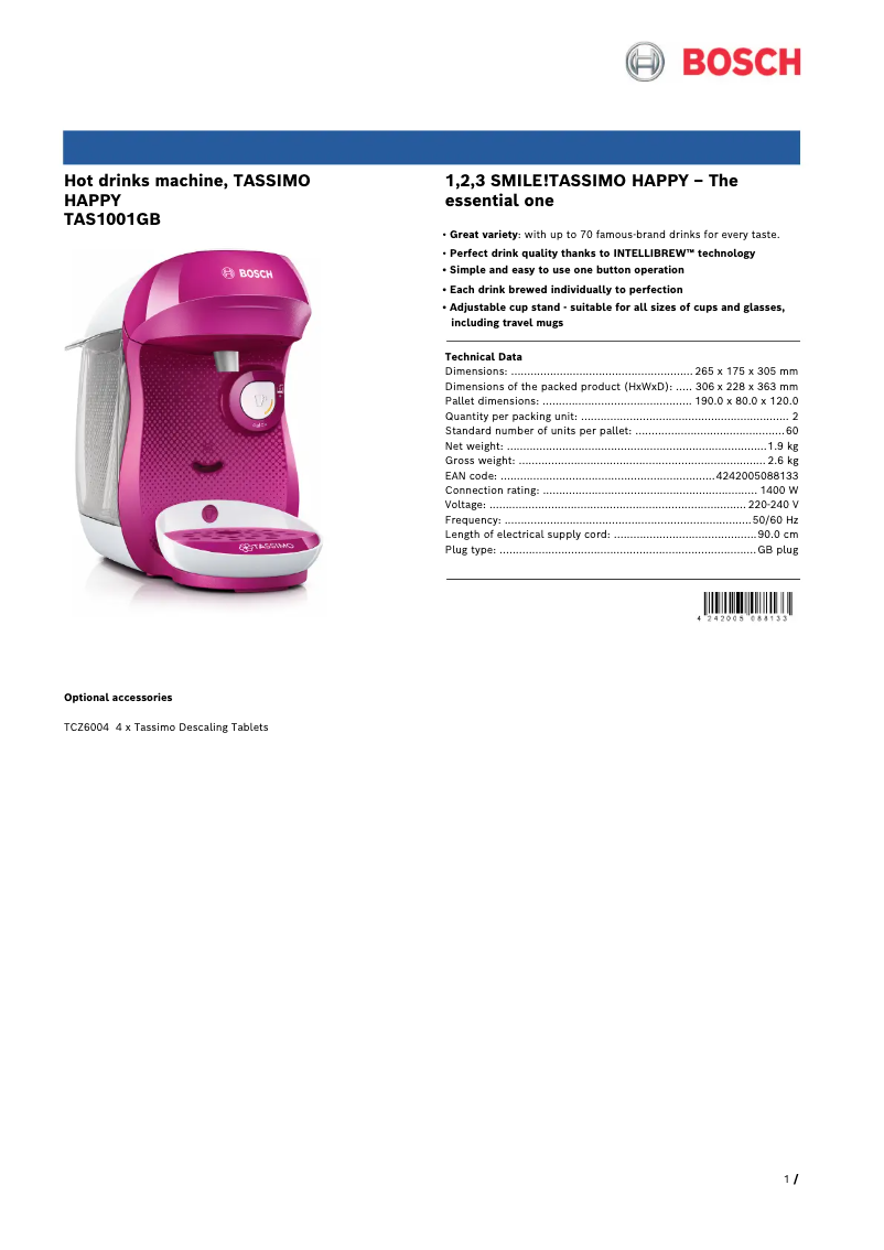 Página nº 1 - Ficha técnica Bosch Tassimo Happy TAS1001GB