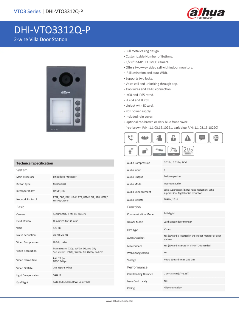 Página nº 1 - Ficha técnica Dahua Technology VTO3312Q-P