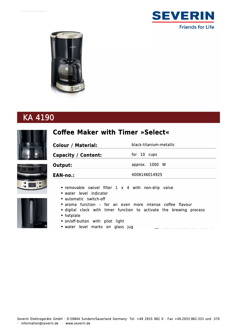 Página 1 del manual Ficha técnica Severin KA 4190