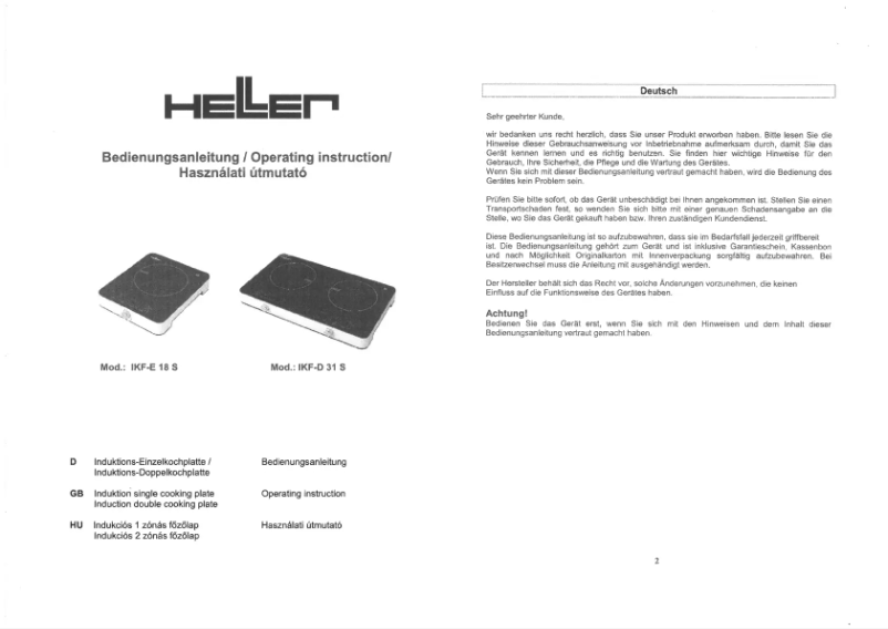 Página nº 1 - Manual de usuario Heller IKF-E 18 S