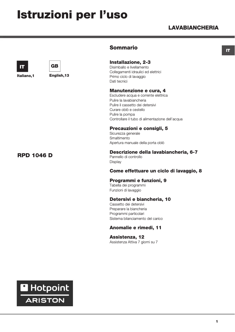 Página 1 del manual Manual de usuario Hotpoint Ariston RPD 1046 DX IT