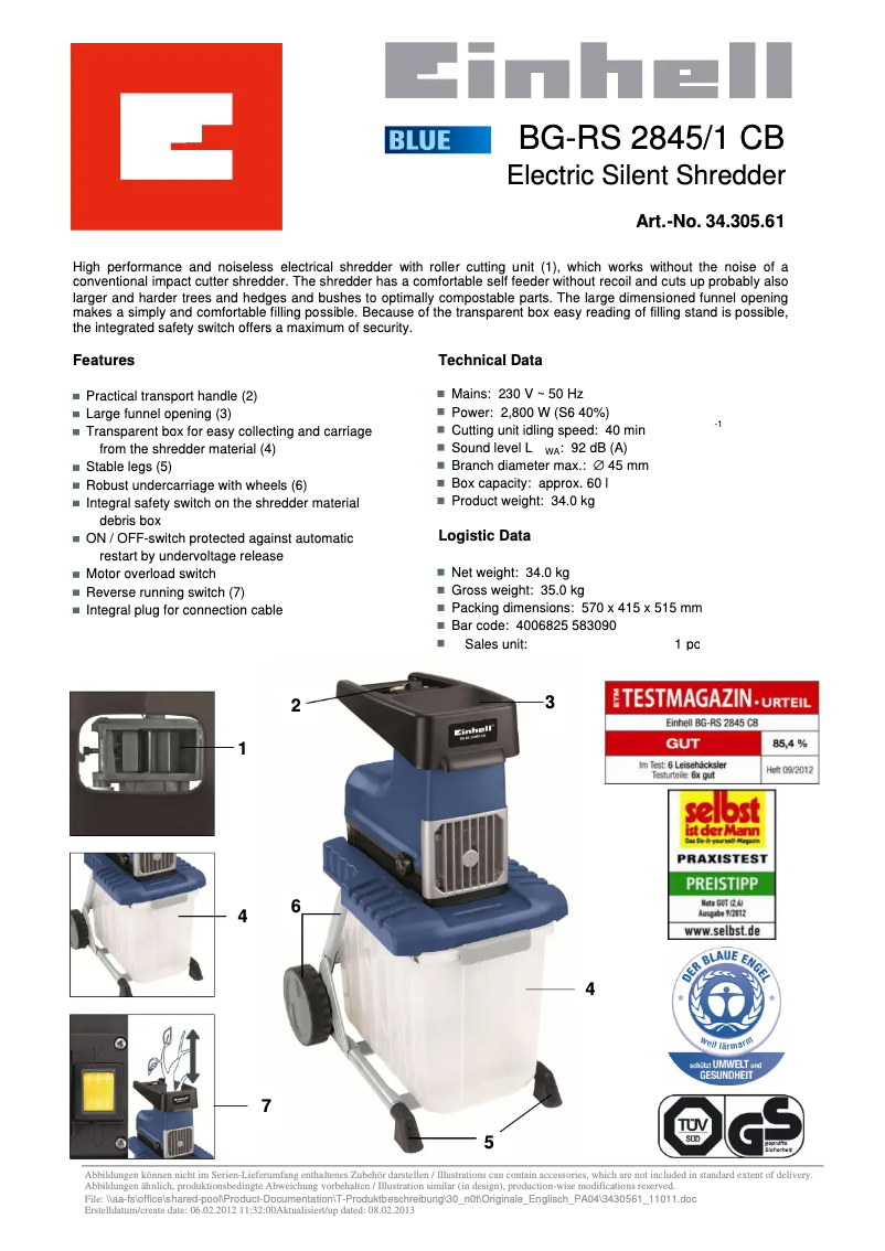 Página 1 del manual Ficha técnica Einhell BG-RS 2845