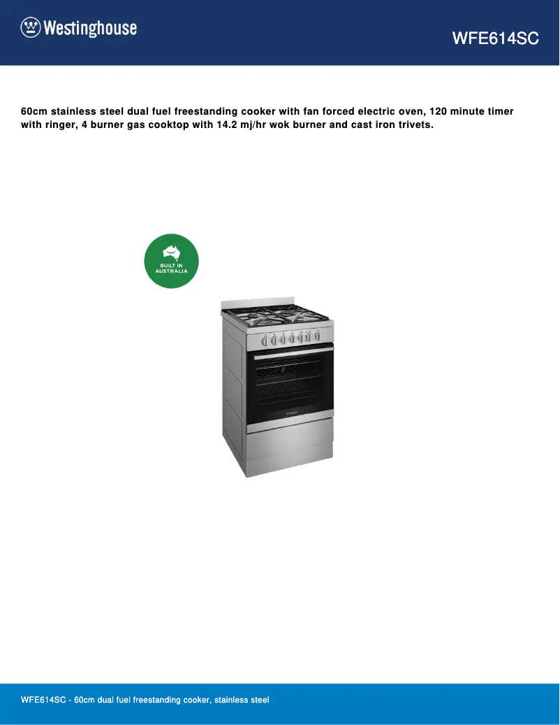 Página 1 del manual Ficha técnica Westinghouse WFE614SC