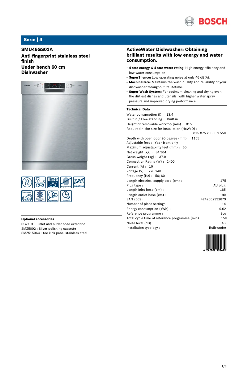 Página nº 1 - Ficha técnica Bosch SMU46GS01A