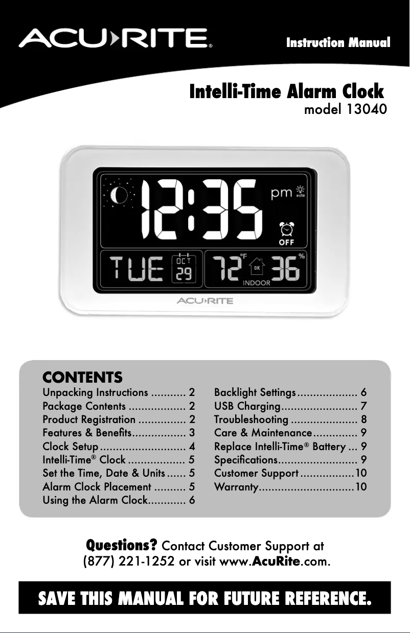 Página 1 del manual Manual de usuario AcuRite Intelli-Time Alarm Clock 13040