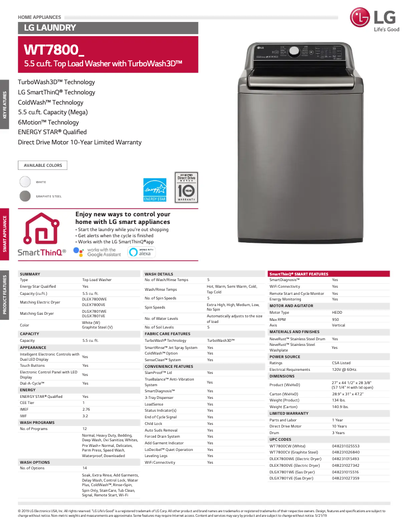 Página 1 del manual Ficha técnica LG WT7800CW