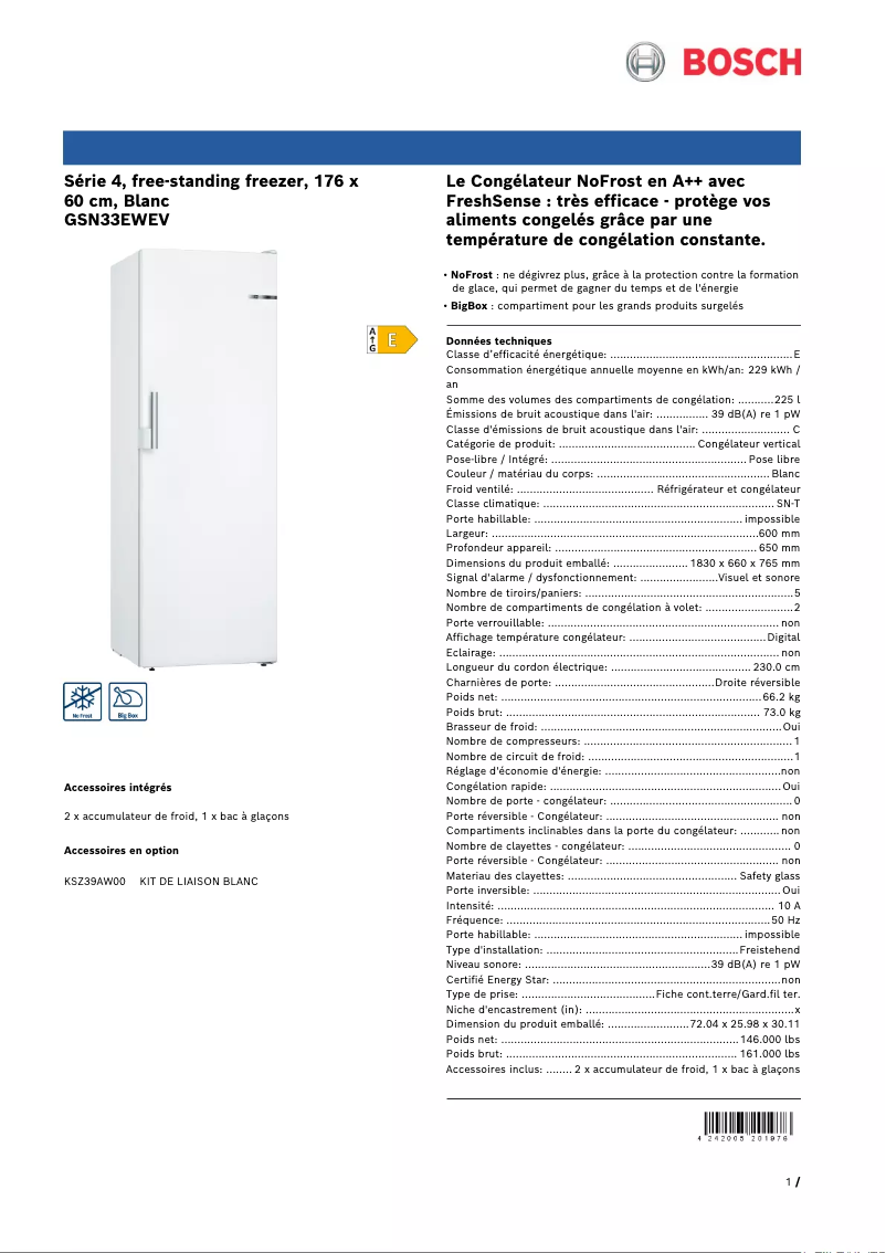 Página 1 del manual Ficha técnica Bosch GSN33EWEV