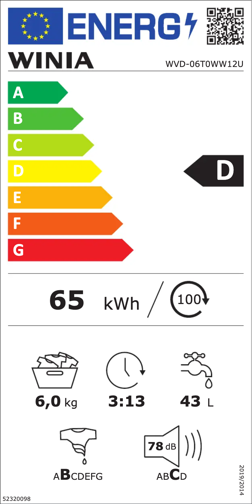Página 1 del manual Etiqueta energética Winia WVD-06T0WW12U