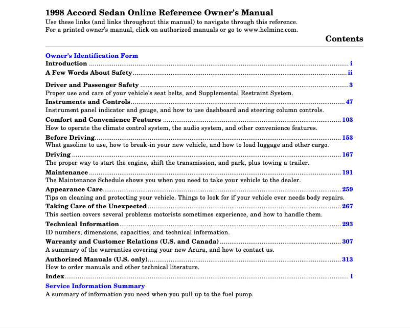 Página 1 del manual Manual de usuario Honda Accord Sedan (1998)