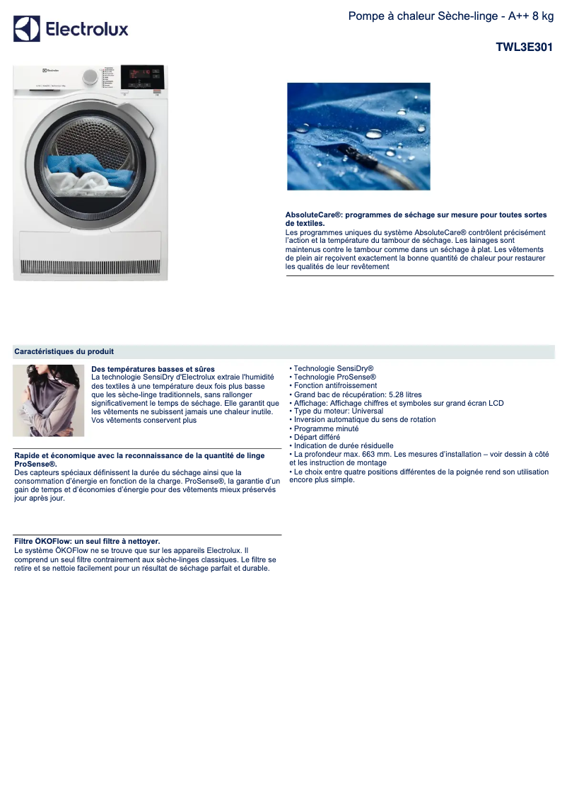 Página 1 del manual Ficha técnica Electrolux TWL3E301