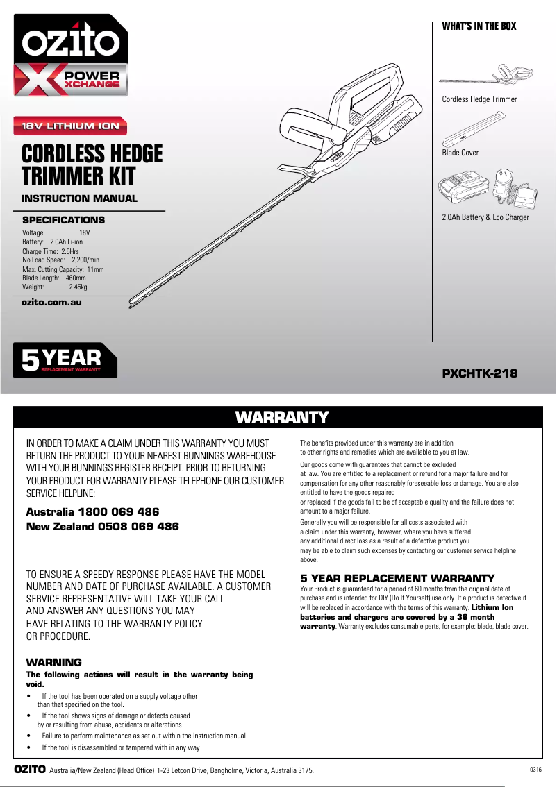 Página 1 del manual Manual de instrucciones Ozito PXCHTK-218
