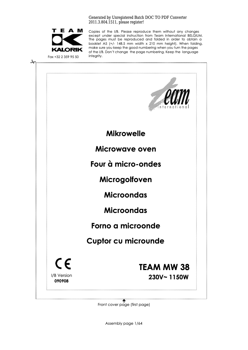 Imagen de la primera página del manual del dispositivo MW 38