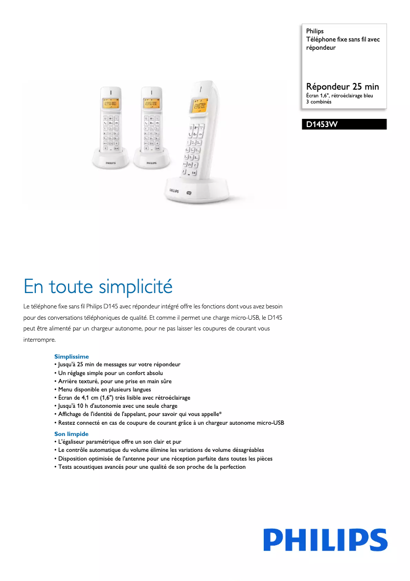 Página 1 del manual Ficha técnica Philips D1453W