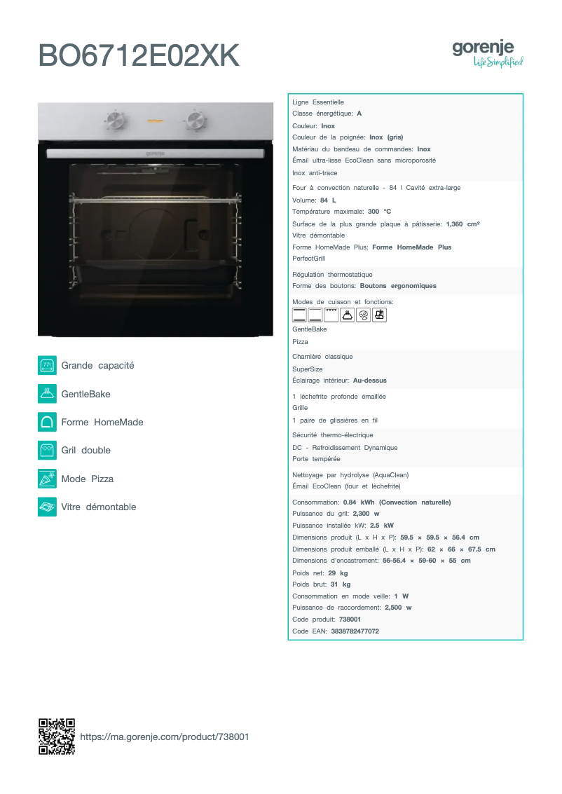 Página 1 del manual Ficha técnica Gorenje BO6712E02XK