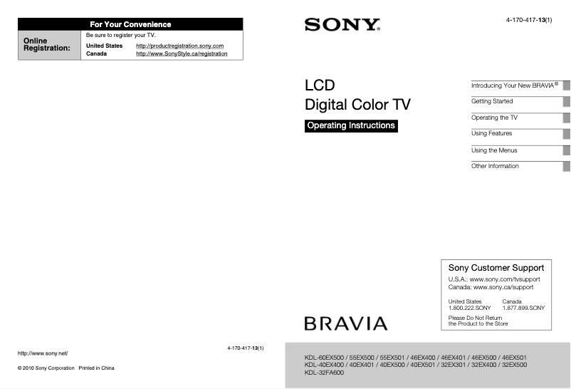 Imagen de la primera página del manual del dispositivo Bravia KDL-40EX400