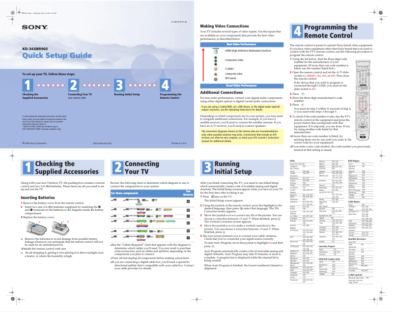 Página nº 1 - Guía de instalación Sony KD-34XBR960