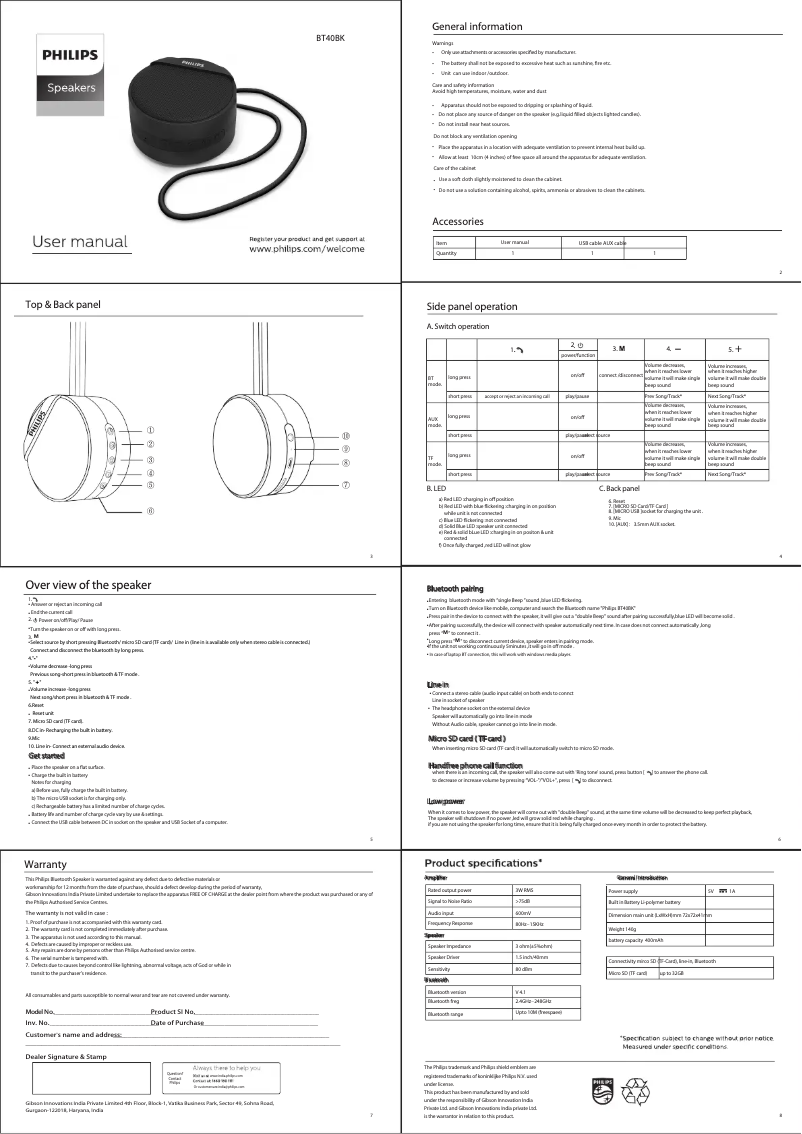 Página 1 del manual Manual de usuario Philips BT40BK