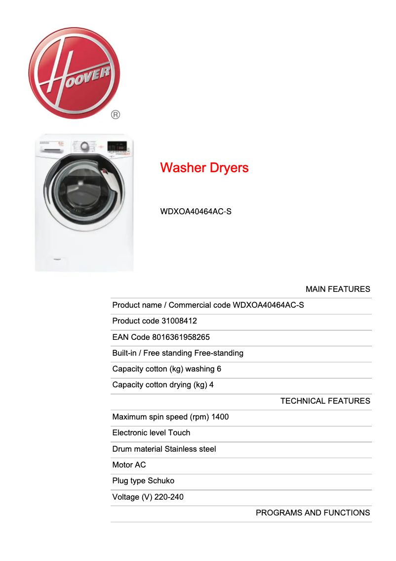 Página 1 del manual Ficha técnica Hoover WDXOA40464AC-S