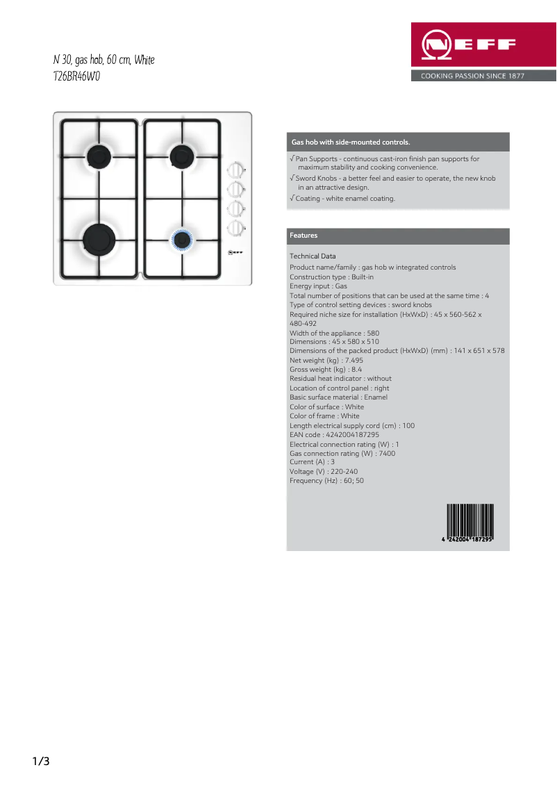 Página 1 del manual Ficha técnica Neff T26BR46W0