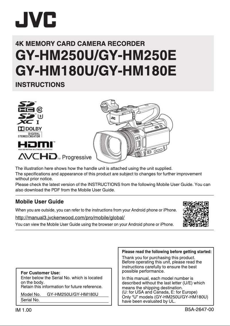 Página 1 del manual Manual de usuario JVC GY-HM180U