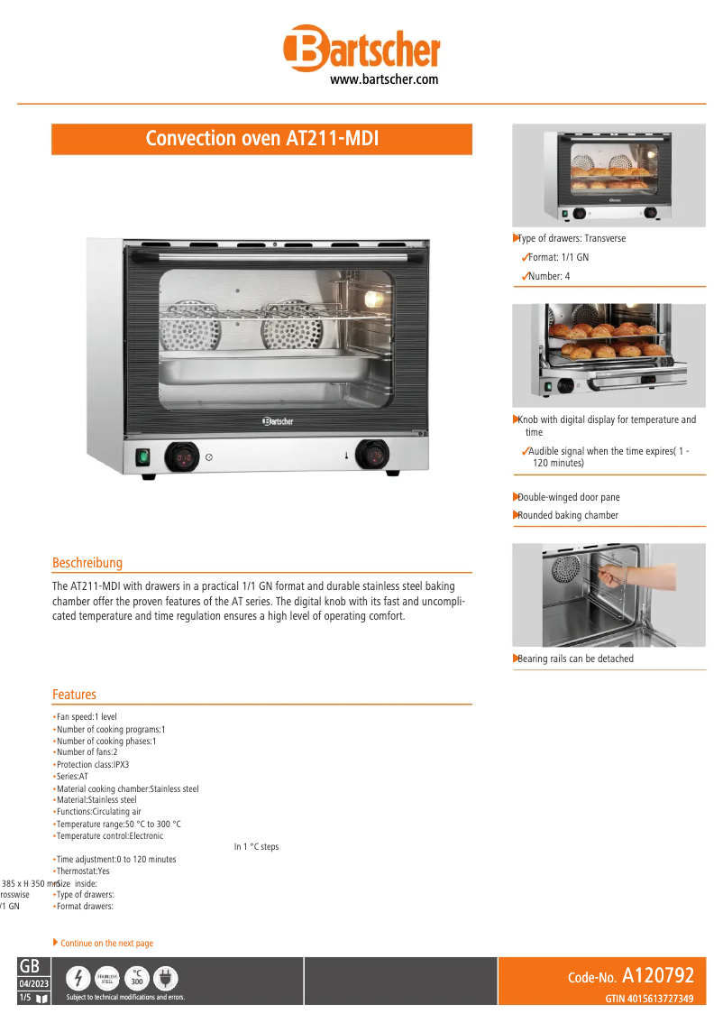 Página nº 1 - Ficha técnica Bartscher AT211-MDI