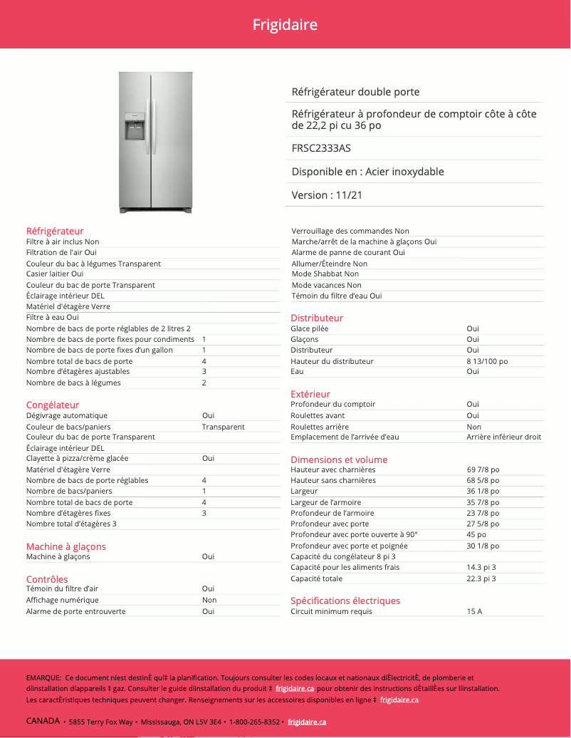 Página nº 1 - Ficha técnica Frigidaire FRSC2333AS