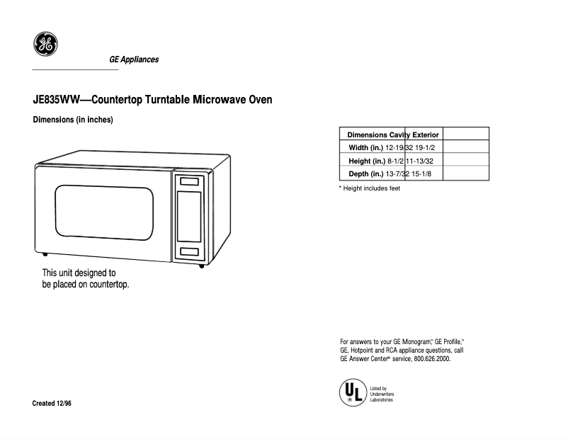 Página 1 del manual Ficha técnica GE JE835WW