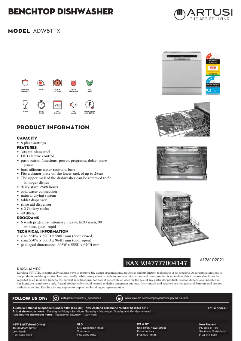 Página 1 del manual Ficha técnica Artusi ADW8TTX