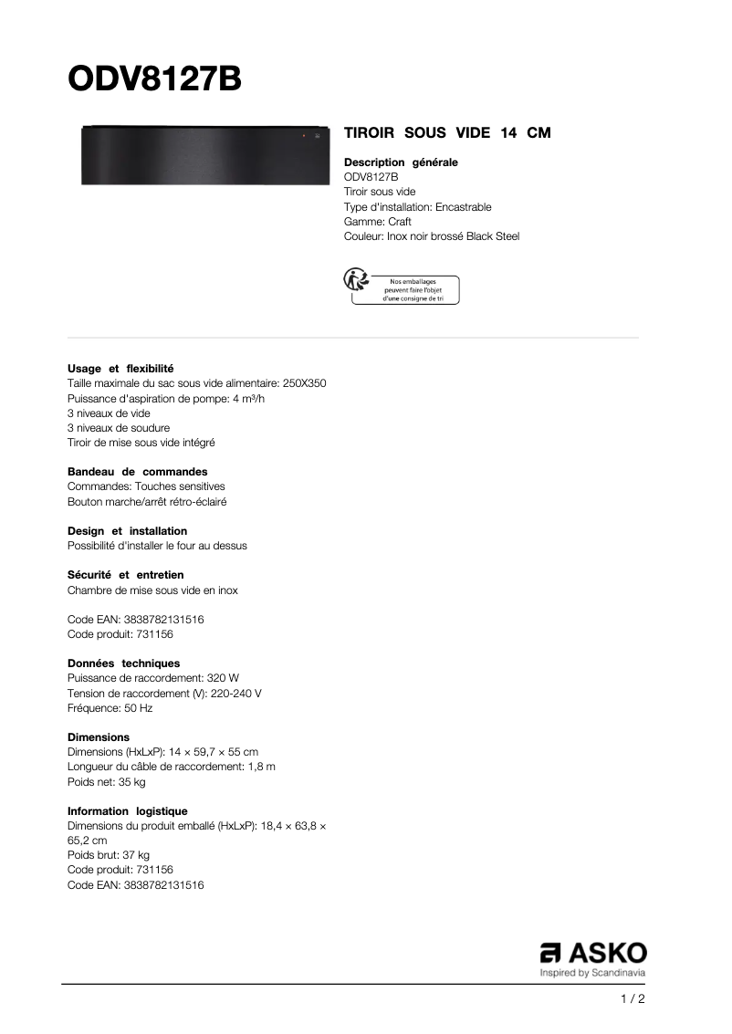 Página 1 del manual Ficha técnica Asko ODV8127B