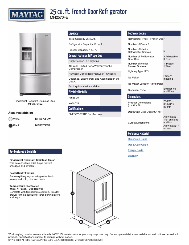 Página 1 del manual Ficha técnica Maytag MFI2570FEW