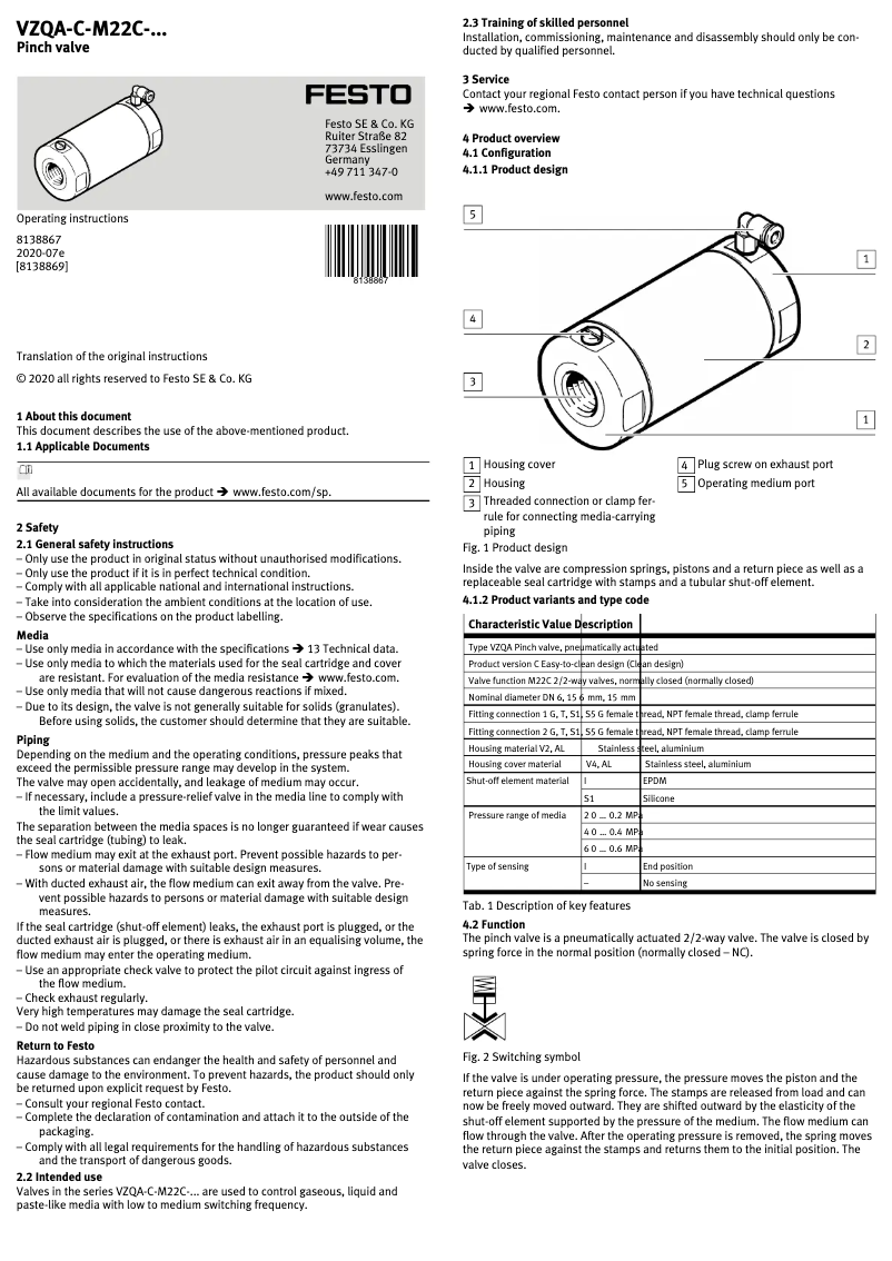 Imagen de la primera página del manual del dispositivo VZQA-C-M22C-15-S5S5-V2V4E-6