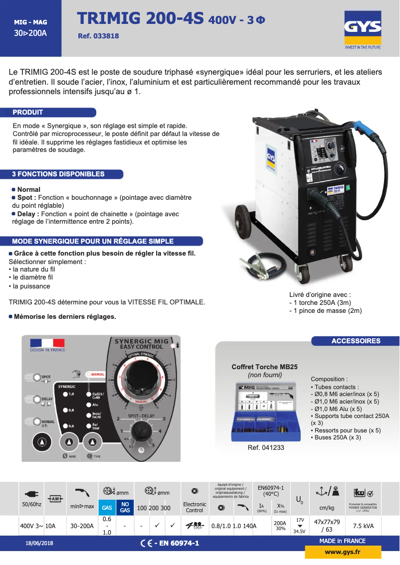 Página 1 del manual Ficha técnica GYS Trimig 200-4S