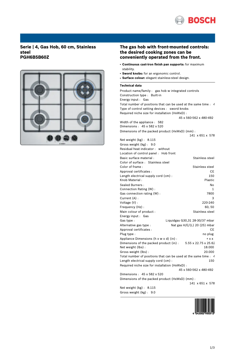 Página nº 1 - Ficha técnica Bosch PGH6B5B60Z