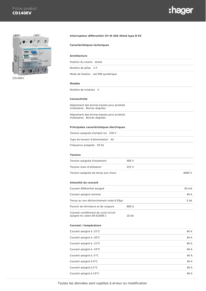 Página 1 del manual Ficha técnica Hager CD140EV
