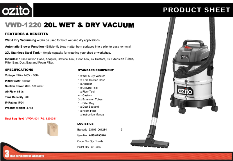 Página nº 1 - Ficha técnica Ozito VWD-1220