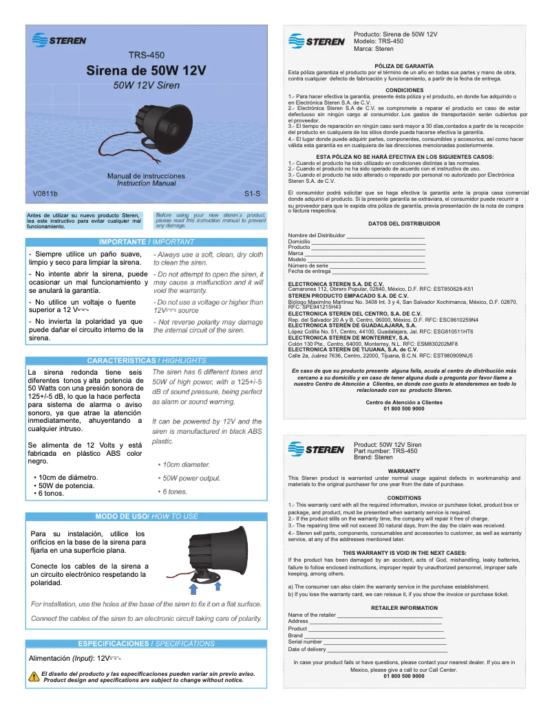 Imagen de la primera página del manual del dispositivo TRS-450