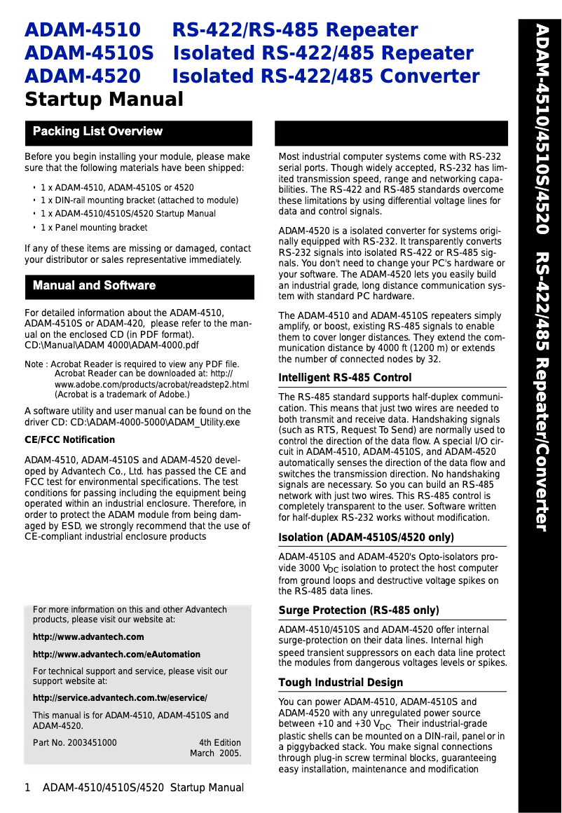 Página nº 1 - Manual de usuario B&B Electronics ADAM-4510S