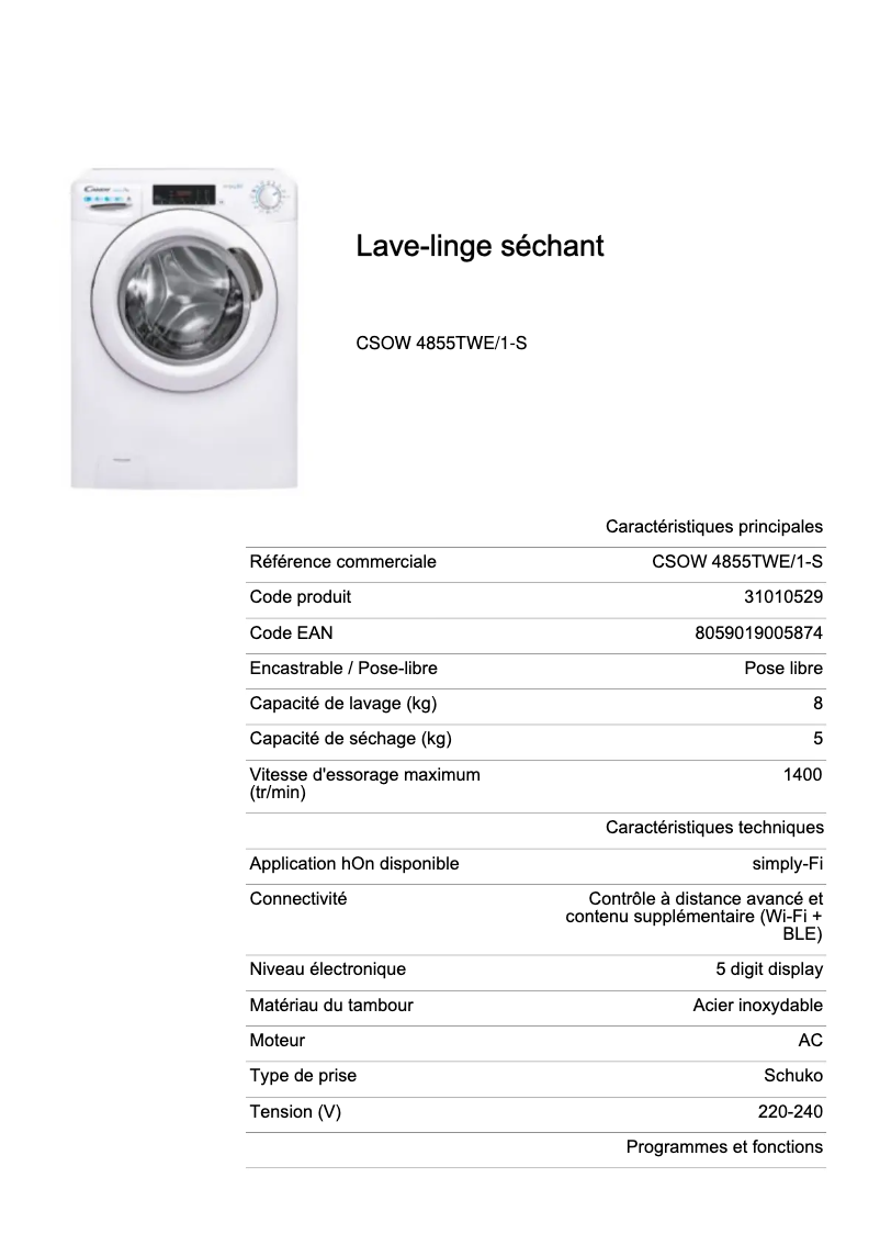 Página 1 del manual Ficha técnica Candy CSOW 4855TWE/1-S