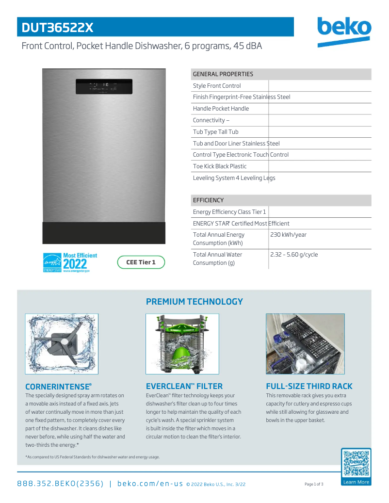 Página 1 del manual Ficha técnica Beko DUT36522X