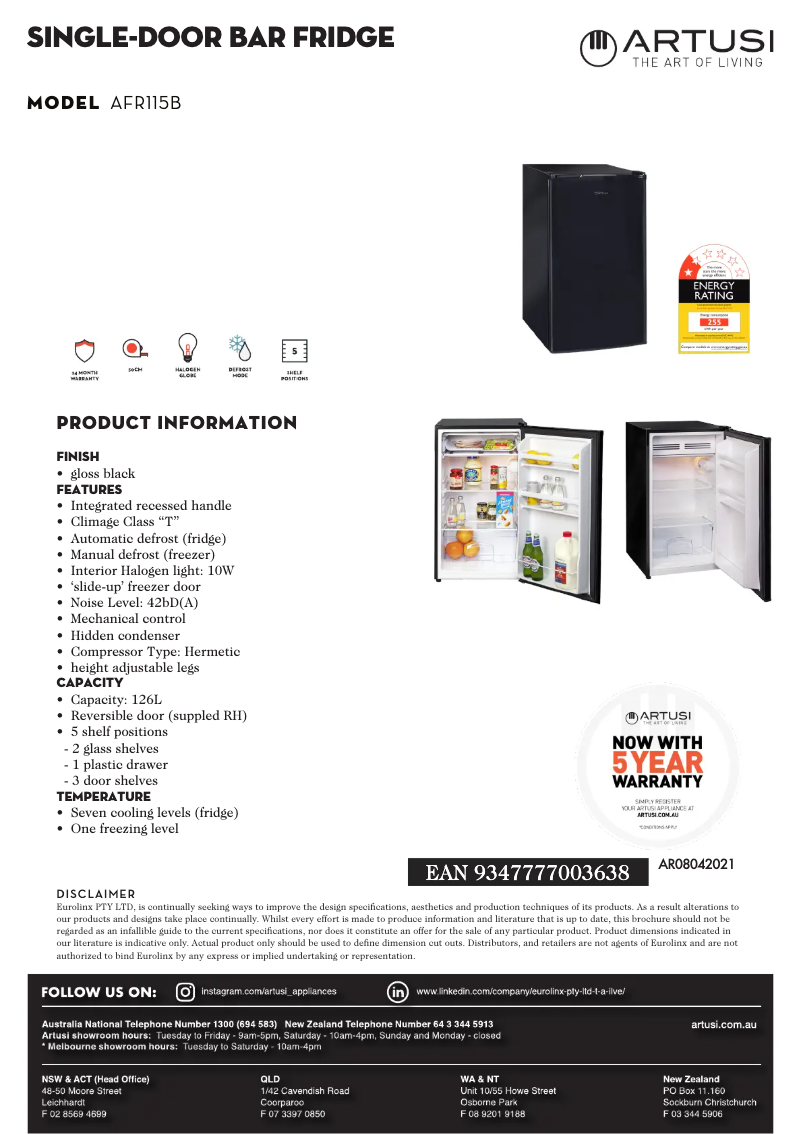 Página 1 del manual Ficha técnica Artusi AFR115B