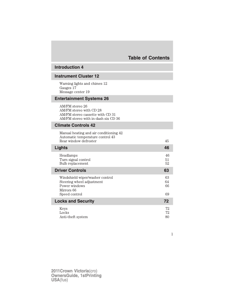Imagen de la primera página del manual del dispositivo Crown Victoria (2011)