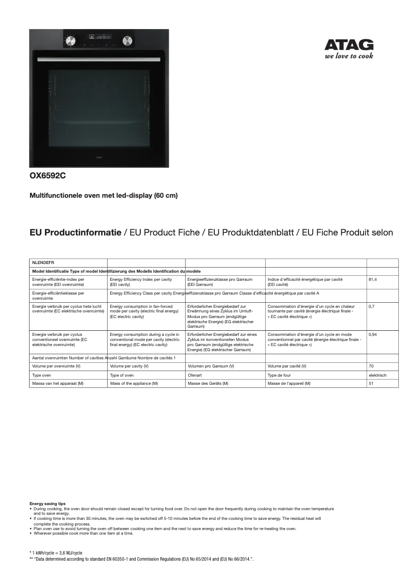 Página 1 del manual Ficha técnica Atag OX6592C