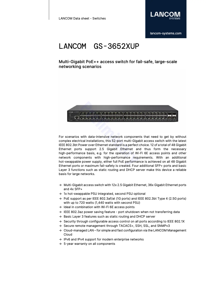Página 1 del manual Ficha técnica Lancom GS-3652XUP