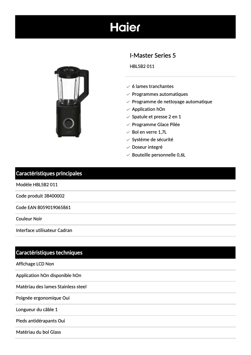 Página 1 del manual Ficha técnica Haier HBL5B2 011