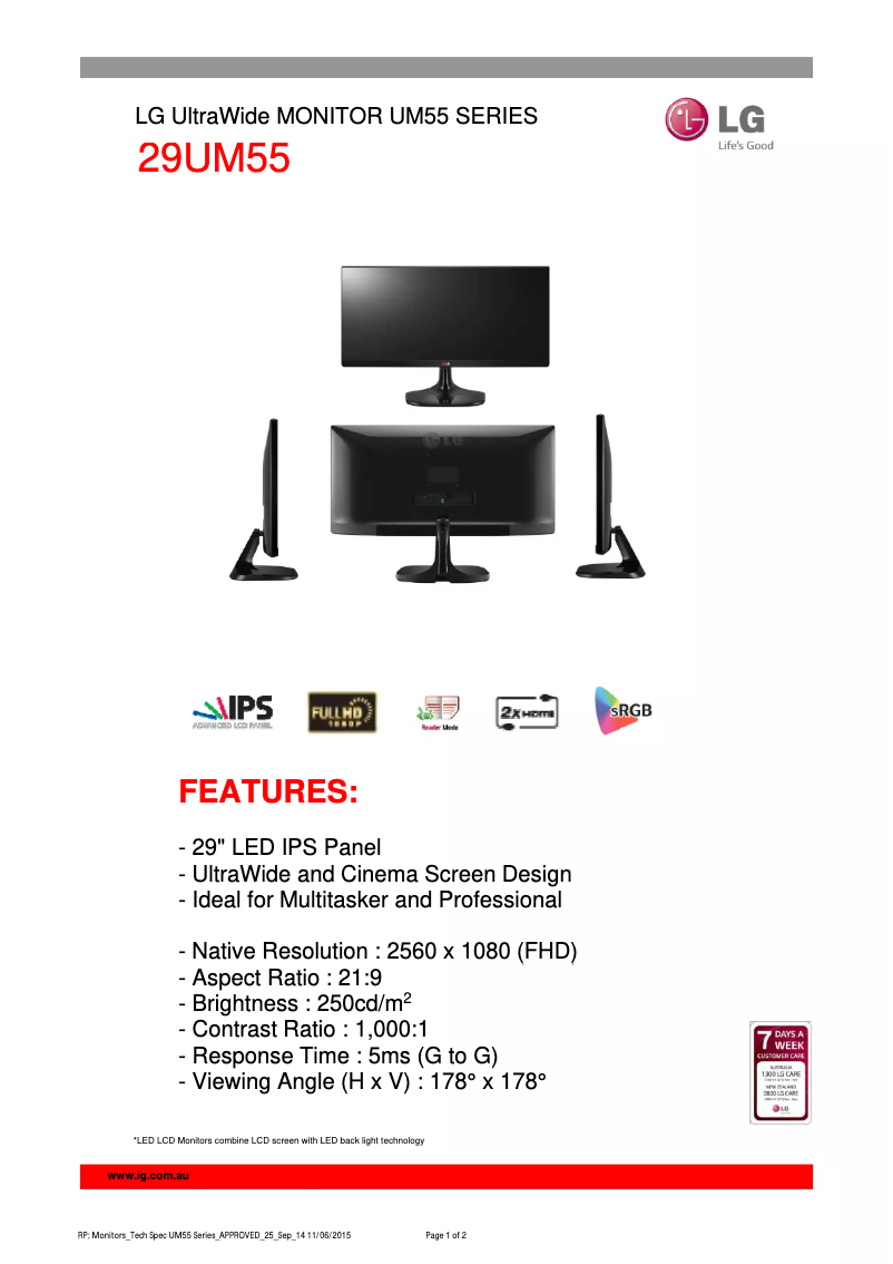 Imagen de la primera página del manual del dispositivo 29UM55-P