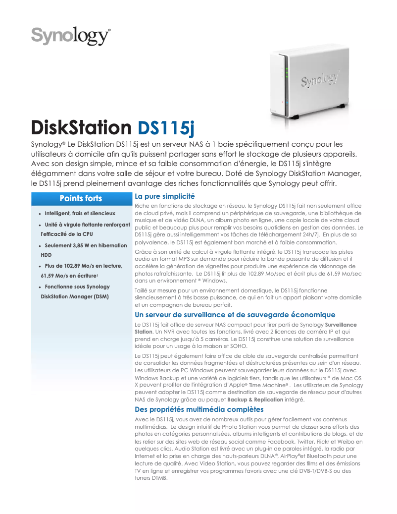 Página 1 del manual Ficha técnica Synology DiskStation DS115j