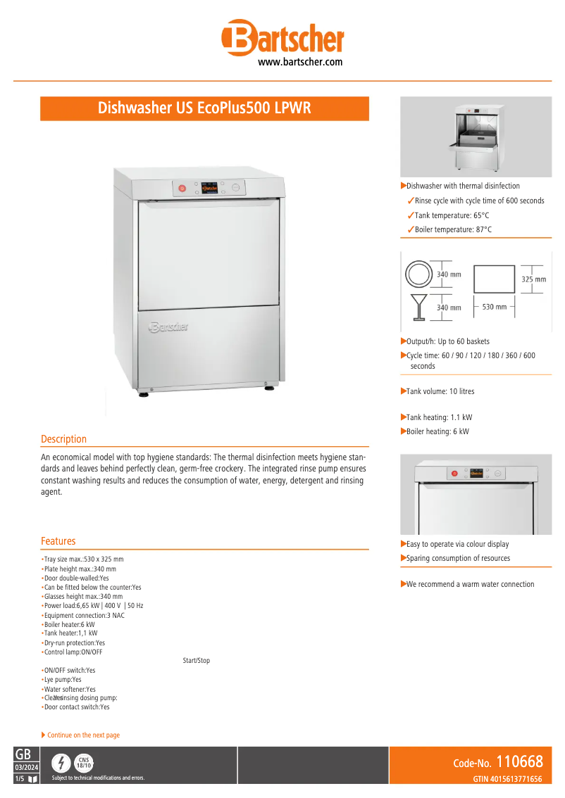 Página 1 del manual Ficha técnica Bartscher TF7501ecoLPWR