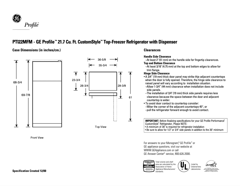 Imagen de la primera página del manual del dispositivo Profile CustomStyle PTI22MFMRWW