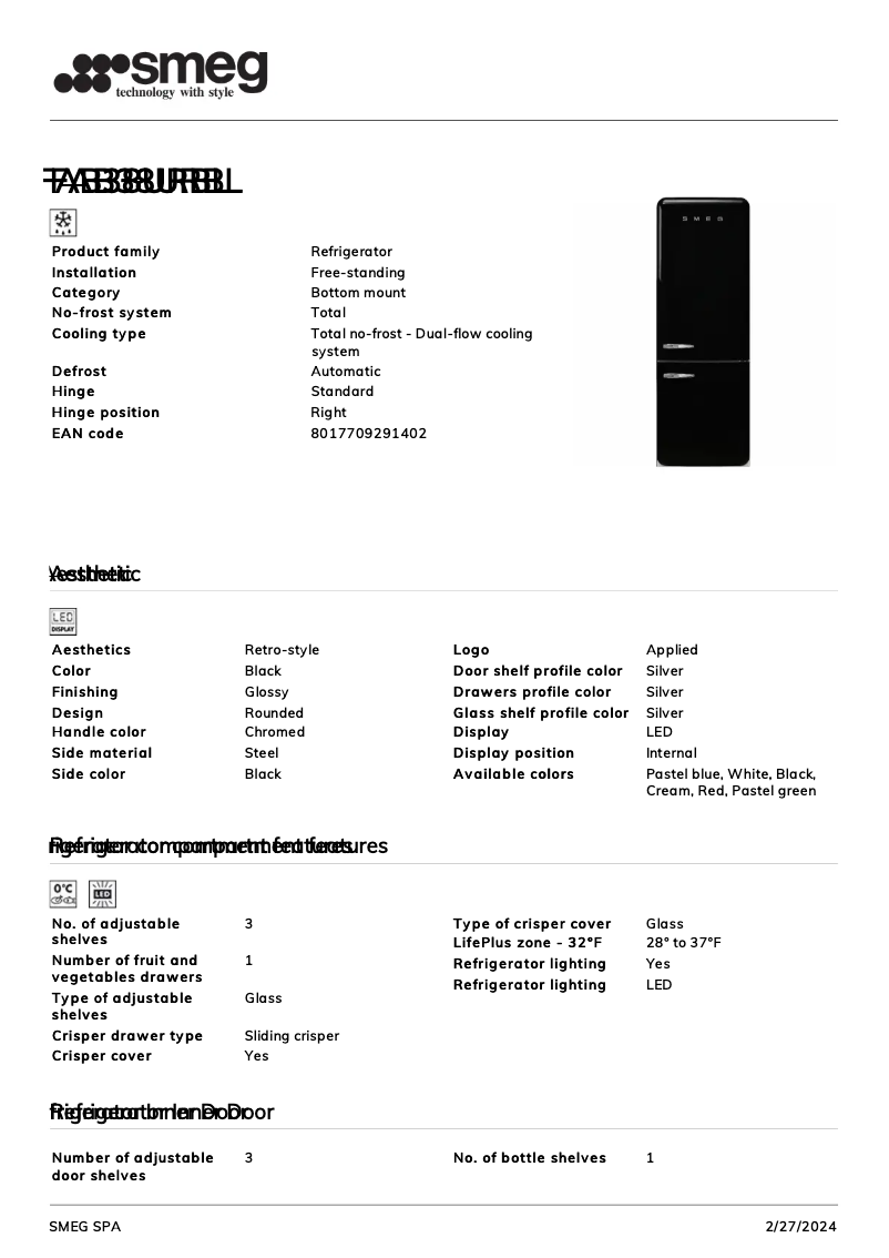 Página 1 del manual Ficha técnica Smeg FAB38URBL