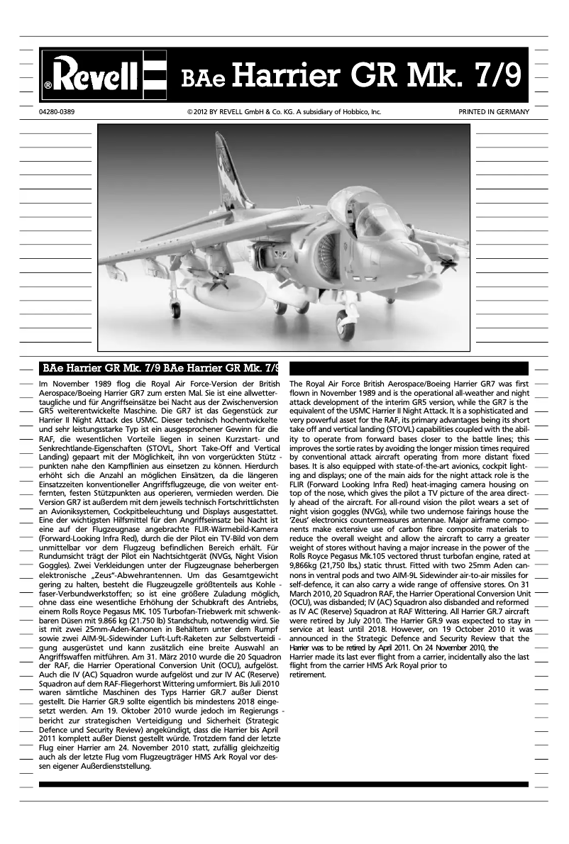 Imagen de la primera página del manual del dispositivo BAe Harrier GR Mk.7